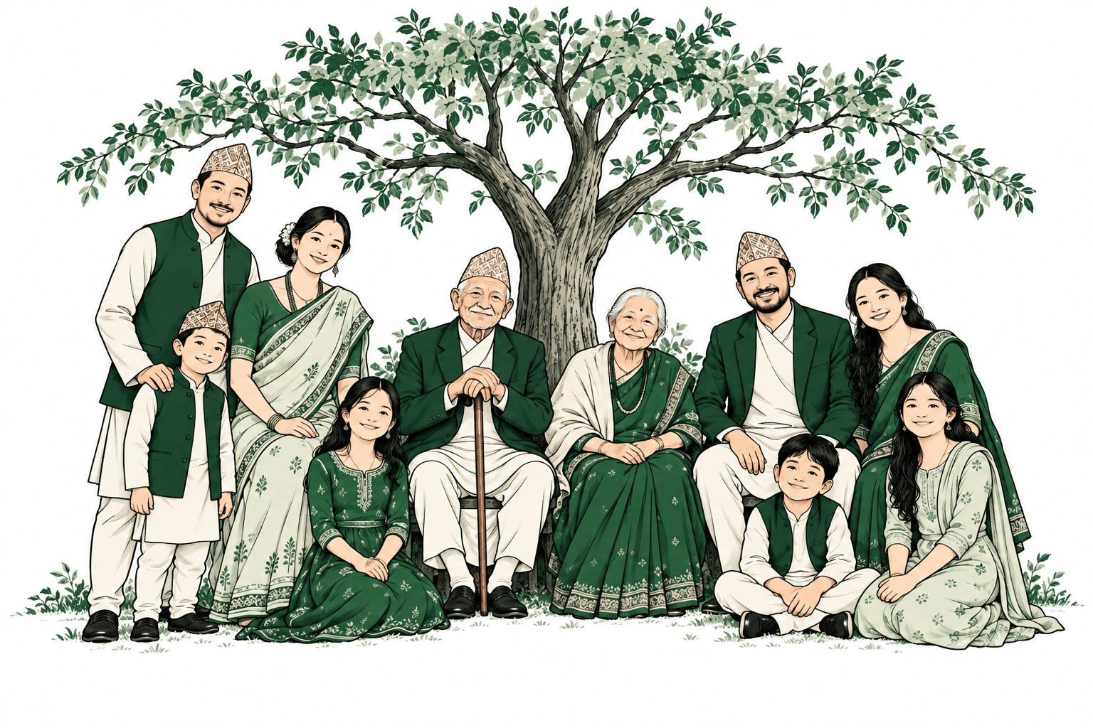 Illustration of several generations of a Nepali family gathered beneath a tree